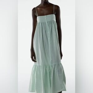 ZARA Striped Midi Maxi Dress Button Down Strappy Sea Green Flowy Dress Sz Medium